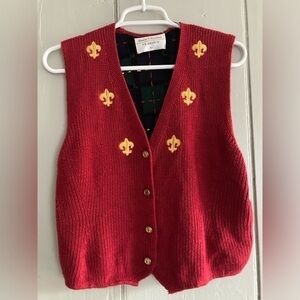 VTG Christmas Collection Sweater Vest SZ L Marisa Christina Plaid Fleur-de-lis